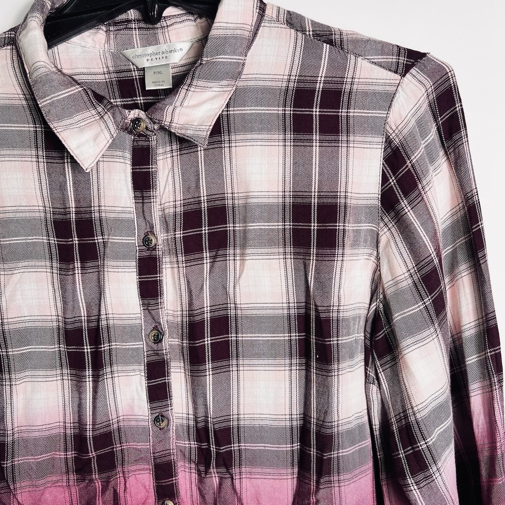Christopher & Banks Petite XL Ombre Plaid Button Down Shirt Burgundy Pink Rayon